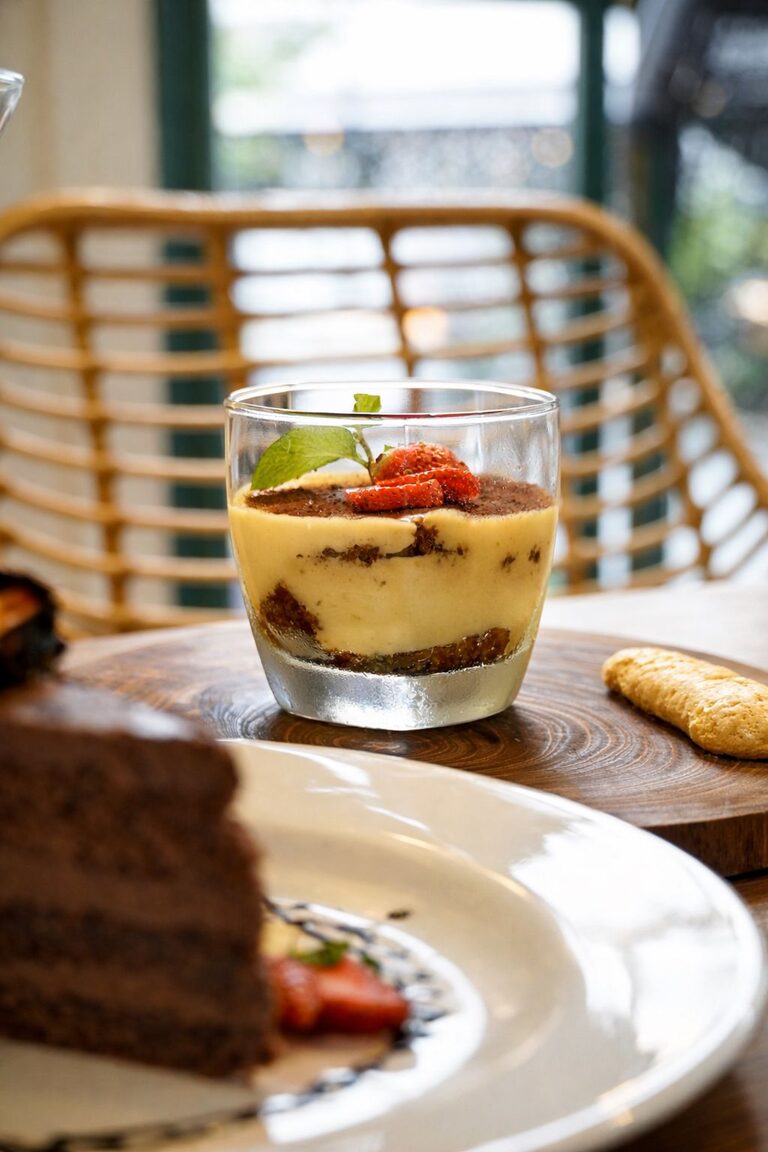 Tiramisu layered in a glass tumbler, dusted with cocoa and topped with a sliced strawberry and mint.